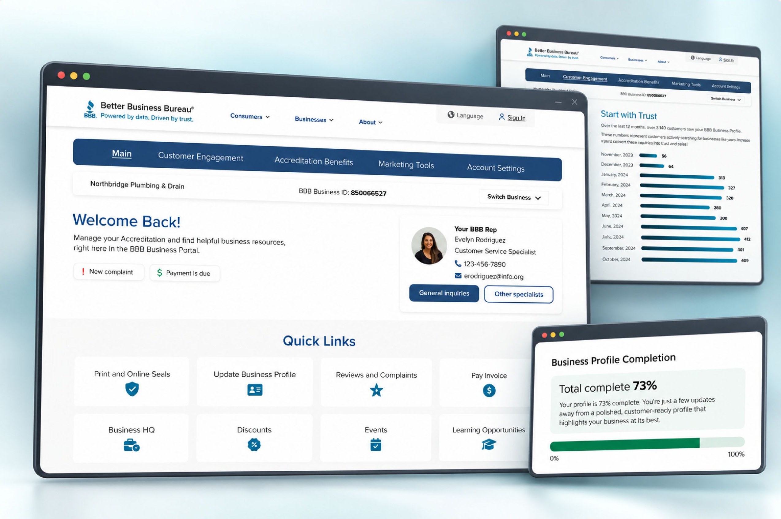 BBB Business Portal dashboard with business switcher, quick links, trust statistics and profile completion