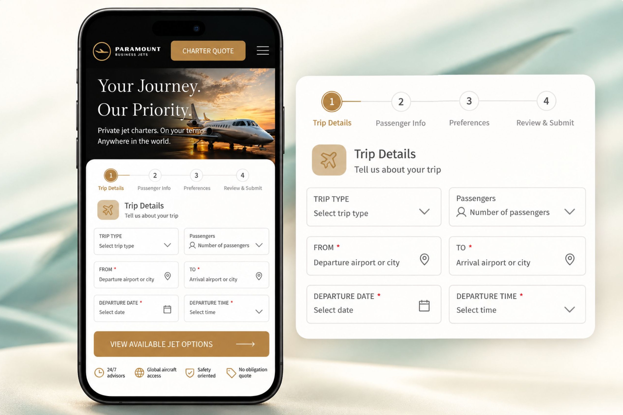 Paramount Business Jets charter request form on mobile and desktop, showing trip details and four-step progress