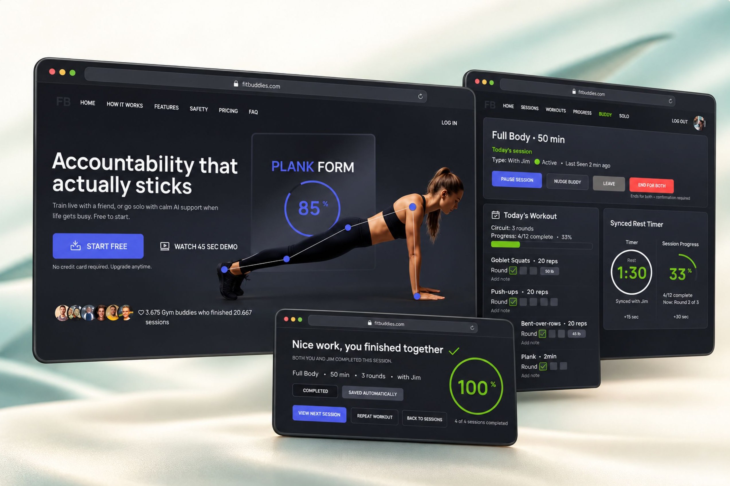 FitBuddies desktop web concept: landing page, shared workout dashboard with synced rest timer, and completion screen