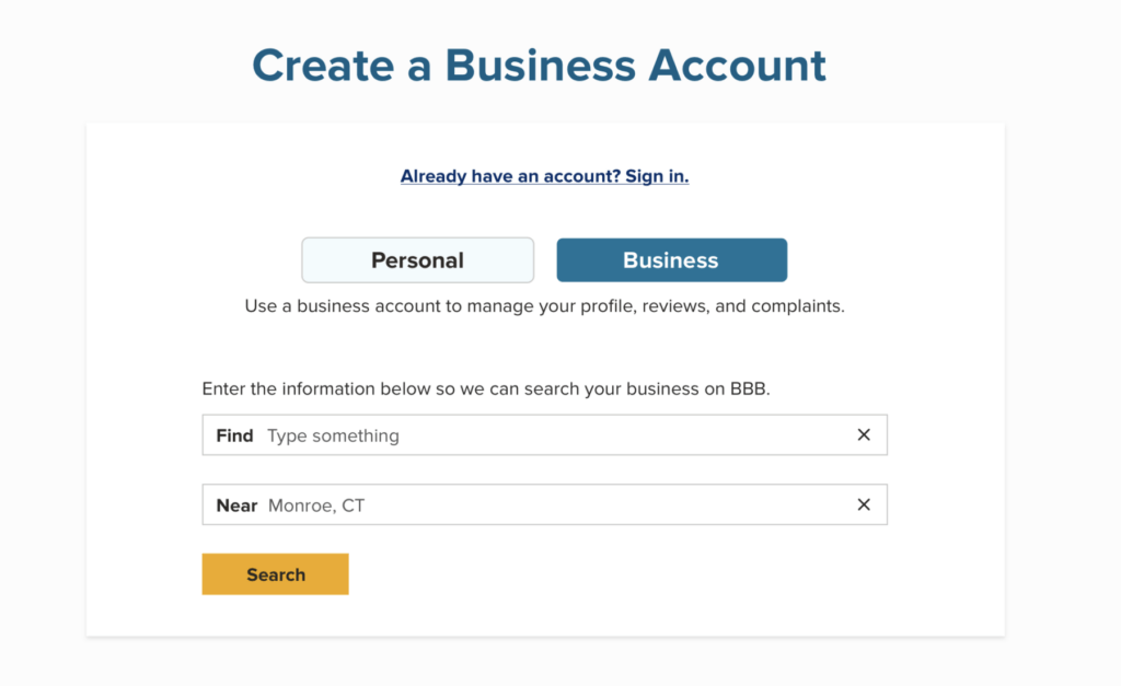 Business account register image of the screen